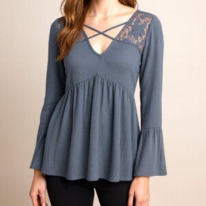American Eagle | Lace Babydoll Top ¾ Sleeves in Slate Blue Gray | Size Small